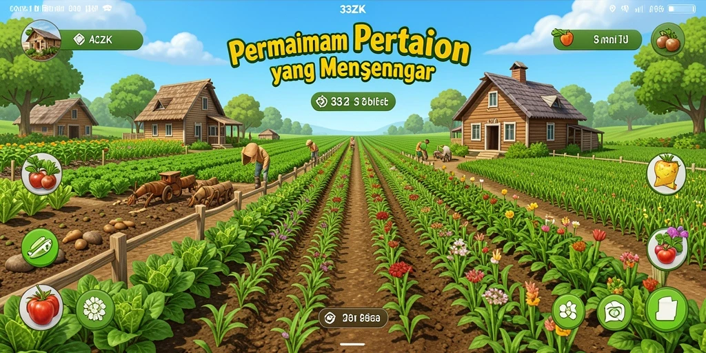 Screenshot gameplay 33ZK menampilkan kebun yang subur dan hewan ternak.