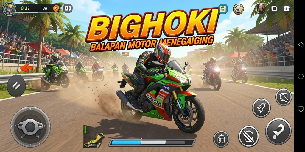 Tampilan gameplay seru dari BIGHOKI dengan berbagai motor balap.