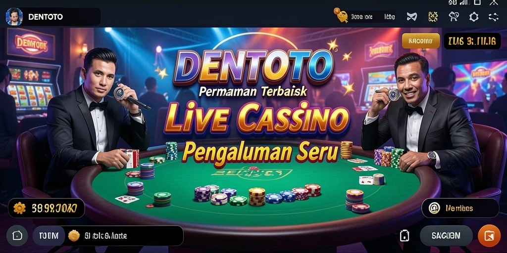 Tampilan gameplay DENTOTO memperlihatkan dealer cantik dan permainan kasino langsung yang mengasyikkan.