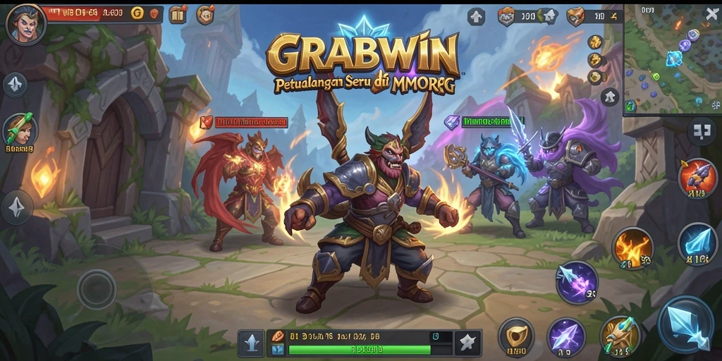 Tangkapan layar gameplay <strong>GRABWIN</strong> yang menunjukkan pertempuran epik di dunia MMORPG.