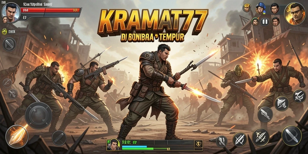 Screenshot menunjukkan pertarungan seru dalam KRAMAT77 dengan karakter unik.