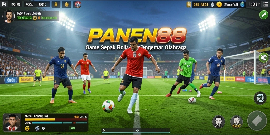 Screenshot gameplay yang menunjukkan aksi seru dalam pertandingan sepak bola.