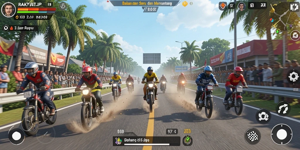 Tampilan gameplay balapan seru RAKYATJP dengan mobil yang melaju kencang.